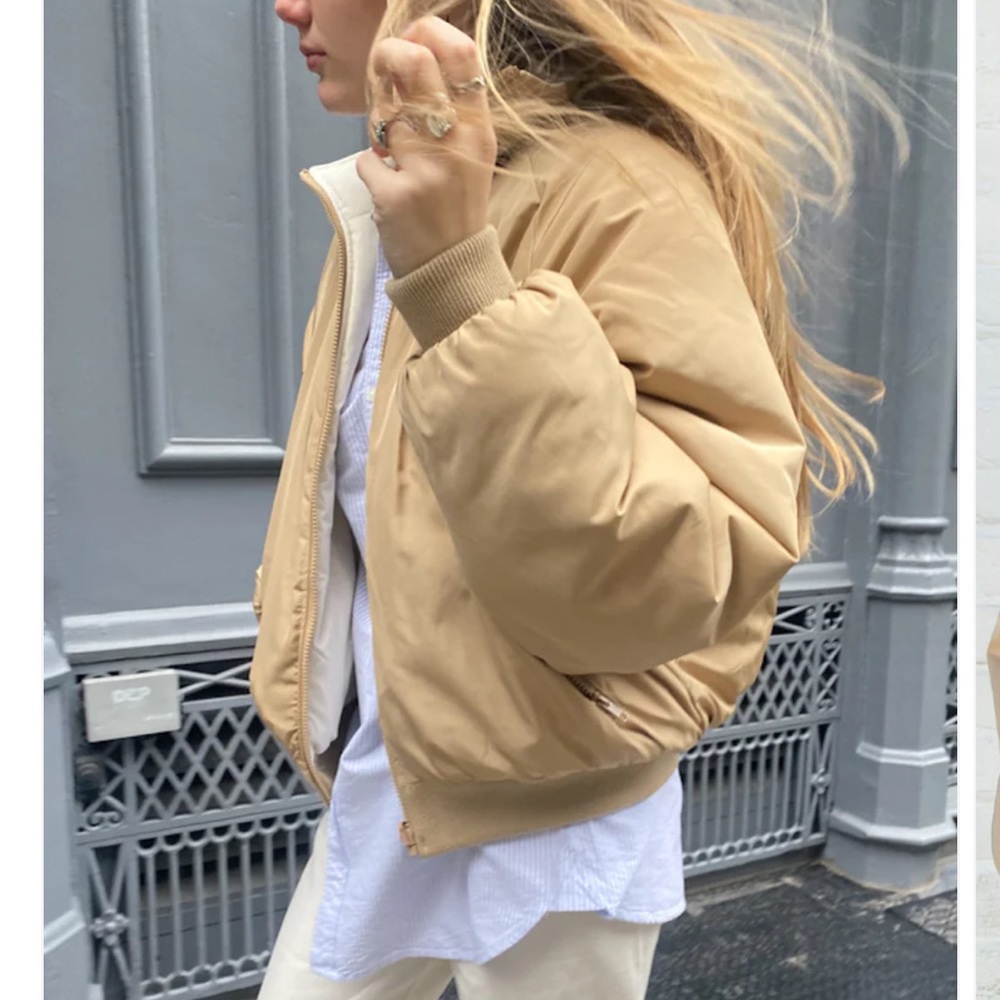 Brandy Melville reversible faith puffer jacket in white and beige